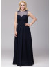 Sheer Neck Navy Blue Chiffon Affordable Bridesmaid Dress